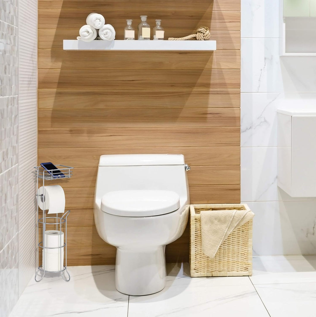 Relaxdays Toilettenpapierhalter stehend, mit Ablage, 3 Rollen Klopapier, modern, Metall, HBT: 57,5x1