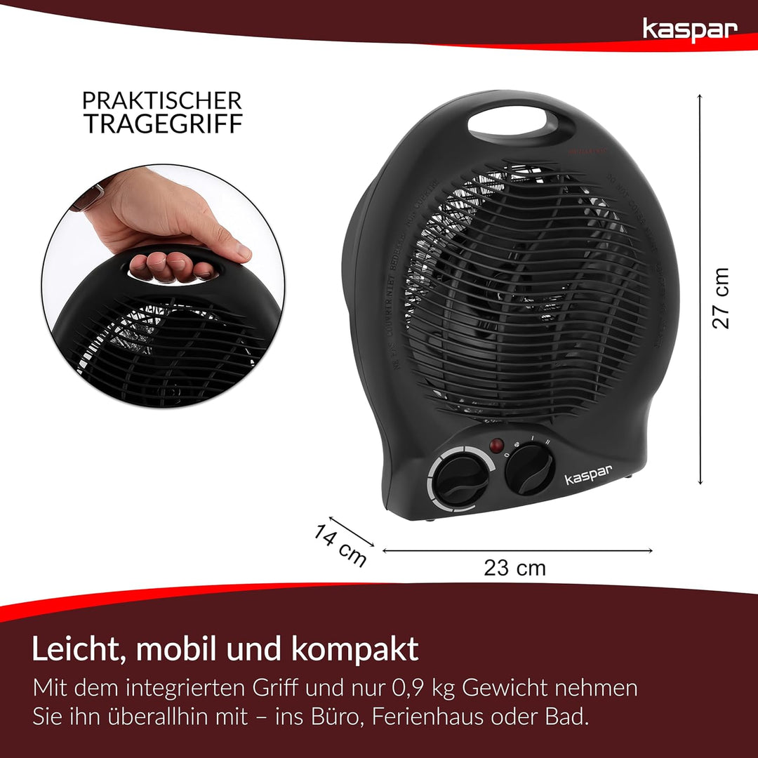 KASPAR Heizlüfter Klein Kompakt Thermoventilator Elektroheizer 1000 W 2000 W Mit Ventilatorfunktion