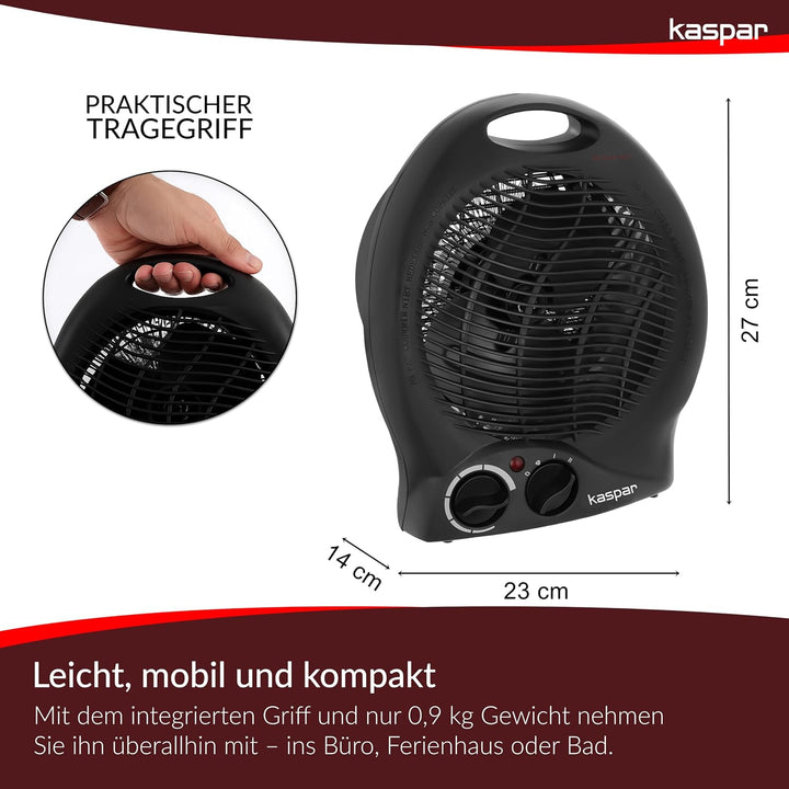 KASPAR Heizlüfter Klein Kompakt Thermoventilator Elektroheizer 1000 W 2000 W Mit Ventilatorfunktion