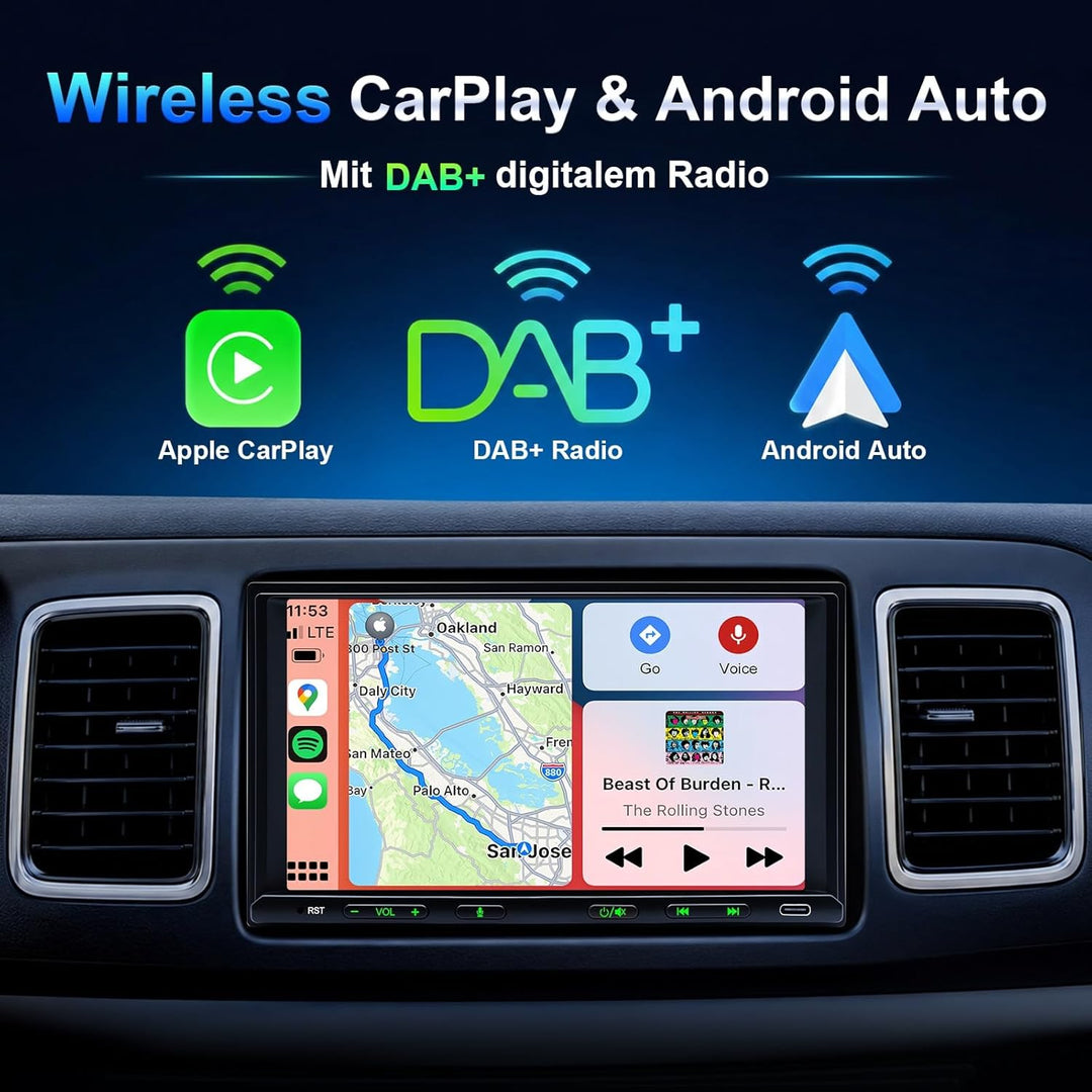 Doppel Din Radio mit Wireless CarPlay & Wireless Android Auto, Autoradio mit Navi 7 Zoll Bildschirm,