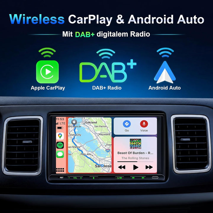 Doppel Din Radio mit Wireless CarPlay & Wireless Android Auto, Autoradio mit Navi 7 Zoll Bildschirm,