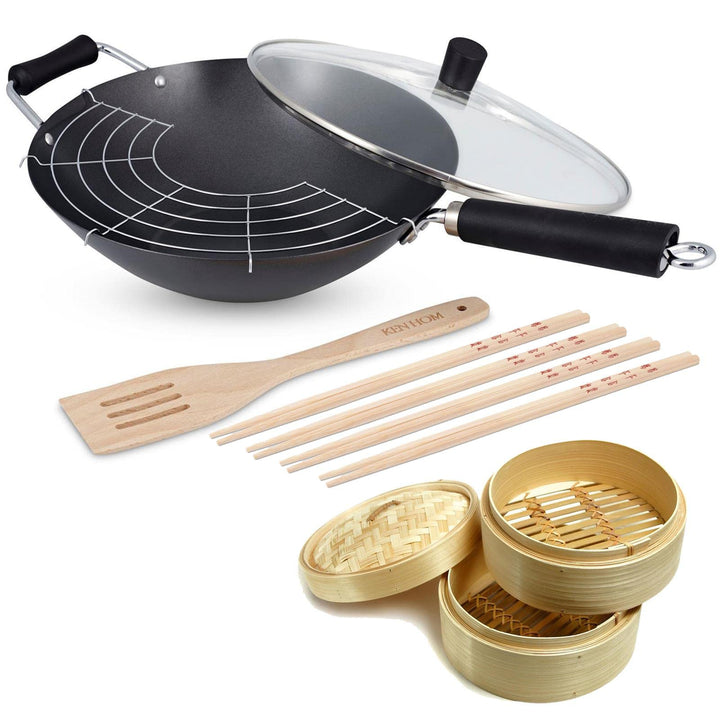 Ken Hom Wok Set 13-tlg. Induktion aus Karbonstahl antihaftbeschichtet mit Glasdeckel - grosse Stielw