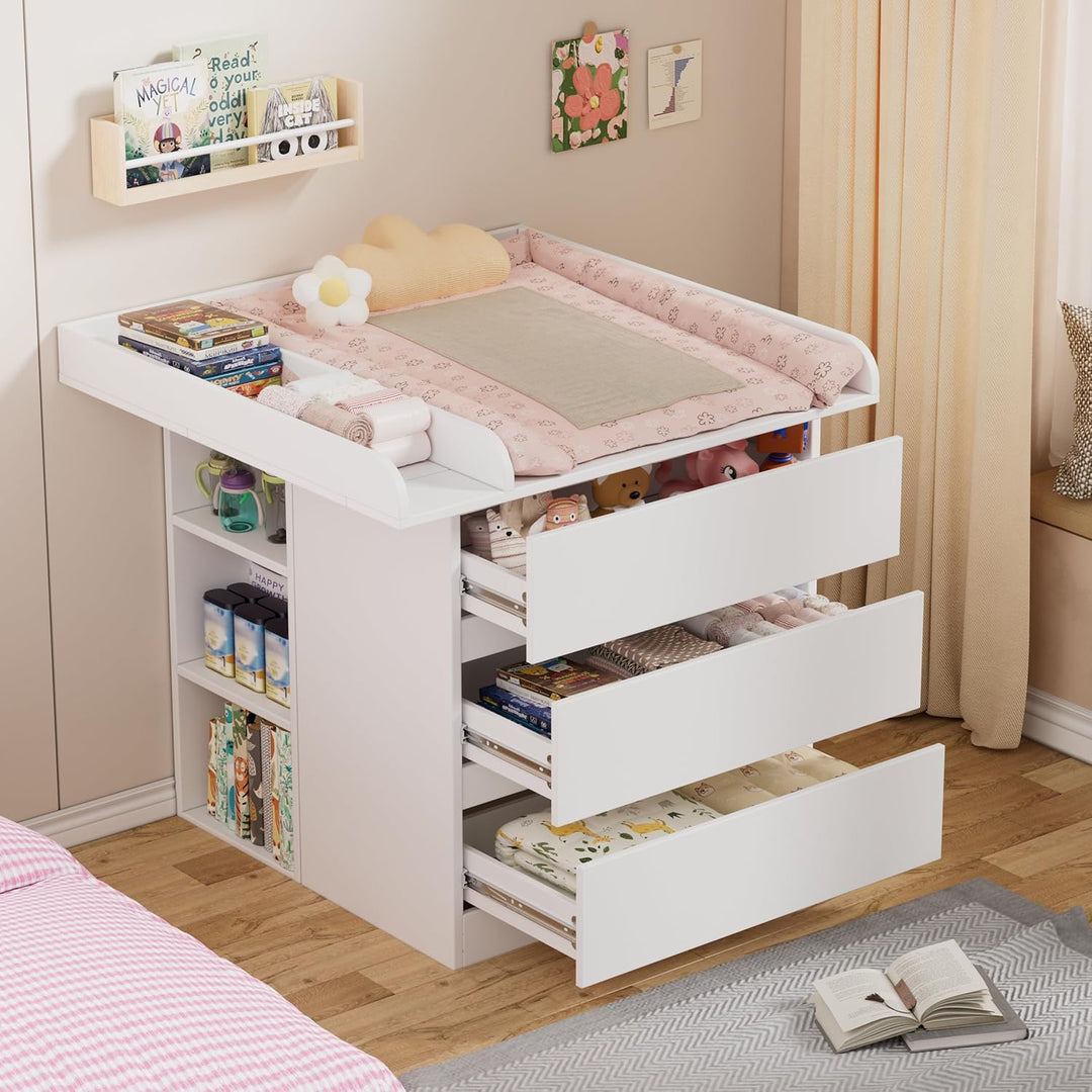 2-in-1 Wickelkommode mit abnehmbarem Wickelaufsatz, Baby Wickeltisch&Kommode mit 3 Schubladen und 6