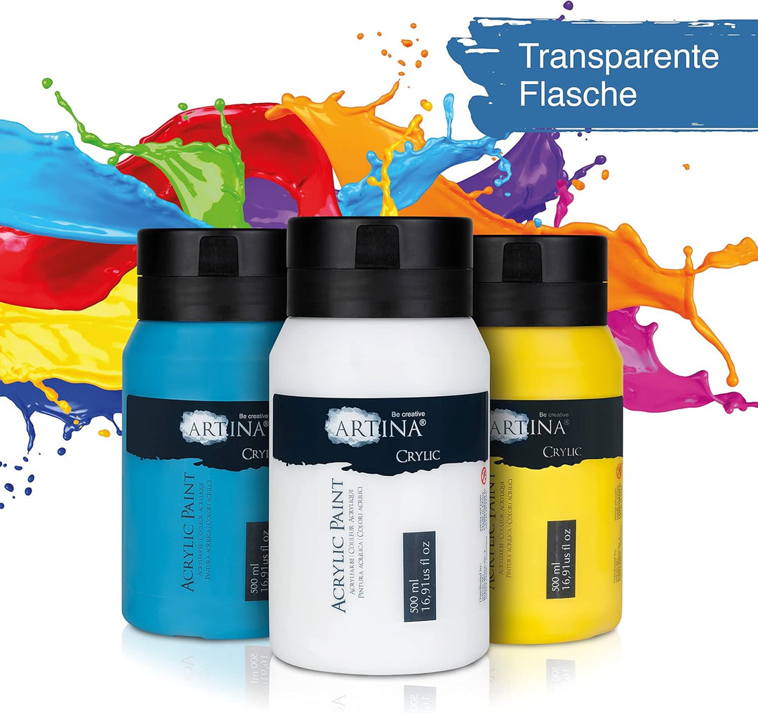 Artina 10er Acrylfarben Set 500ml – Deckende Malfarbe Schnelltrocknende Farbe zum Malen 10x500ml Pro