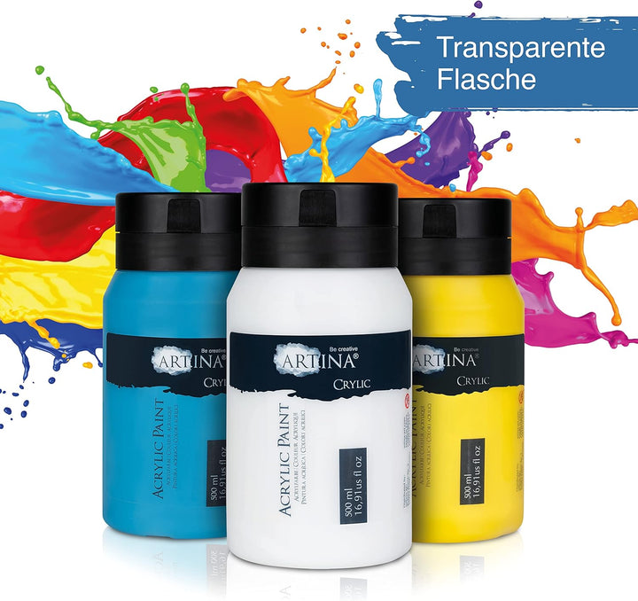 Artina 10er Acrylfarben Set 500ml – Deckende Malfarbe Schnelltrocknende Farbe zum Malen 10x500ml Pro