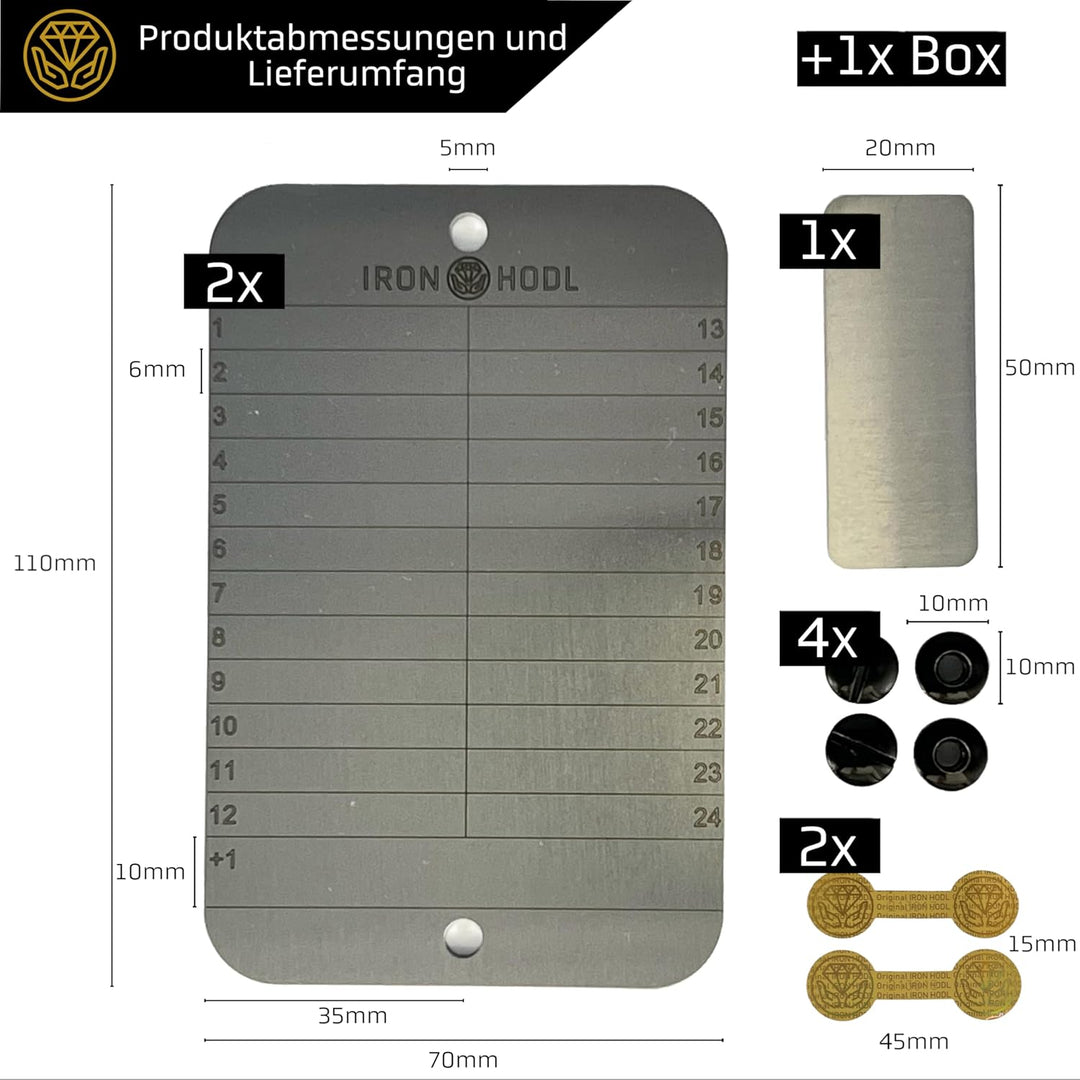 IRON HODL Steel Wallet (2x 24+1) + Testplatte, Schrauben, Siegel Sticker, Box - Recovery Seed Phrase