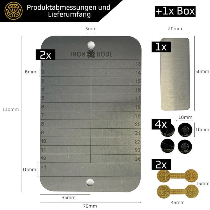 IRON HODL Steel Wallet (2x 24+1) + Testplatte, Schrauben, Siegel Sticker, Box - Recovery Seed Phrase