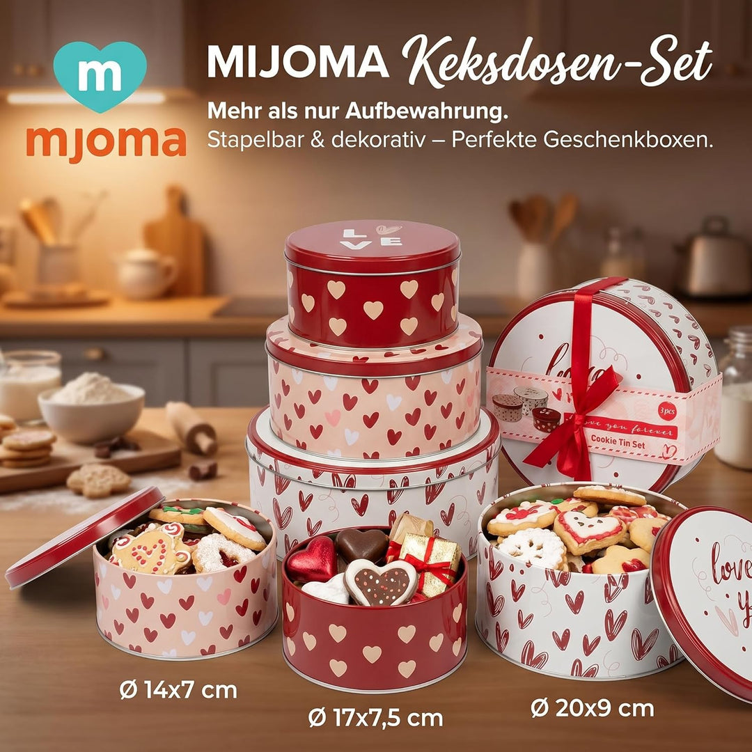 MIJOMA Keksdosen-Set – 3er-Set Metalldosen mit Deckel – runde Dosen mit Motiv – stapelbar & dekorati