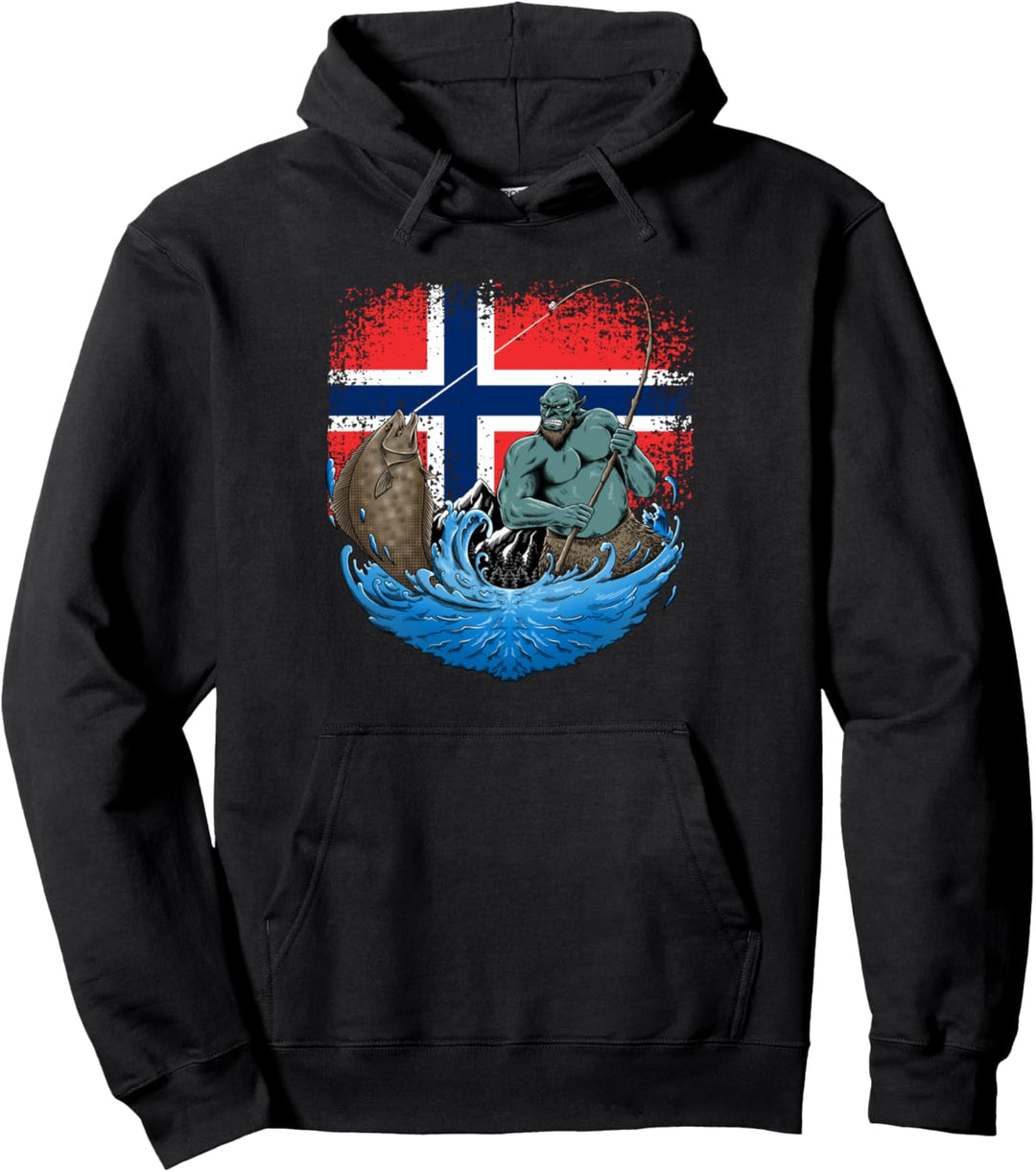 Angeln Norwegen Heilbutt Troll Vater Fisch Papa Pullover Hoodie