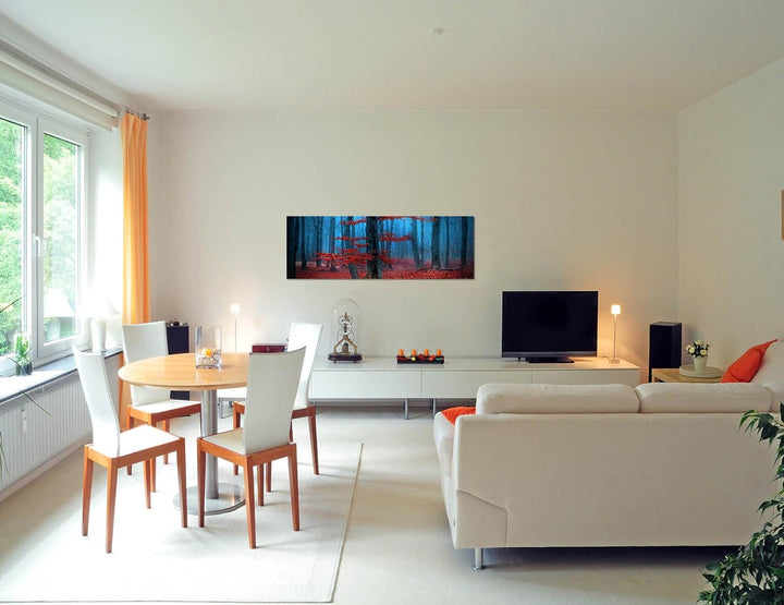 Paul Sinus Art Panoramabild auf Leinwand und Keilrahmen 150x50cm Wald Bäume Laub Herbst Nebel