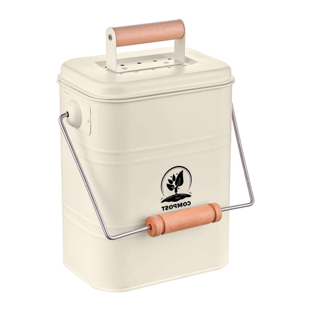 Relaxdays Komposteimer Küche, 3,5 Liter, 2 Aktivkohlefilter, Deckel, Henkel, Eisen & Holz, Biomüllbe