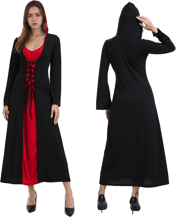 FSUJWOA Frauen Halloween Kostüme für Erwachsene mittelalterlich Kapuze Maxi Kleid für Frauen Mode Ro