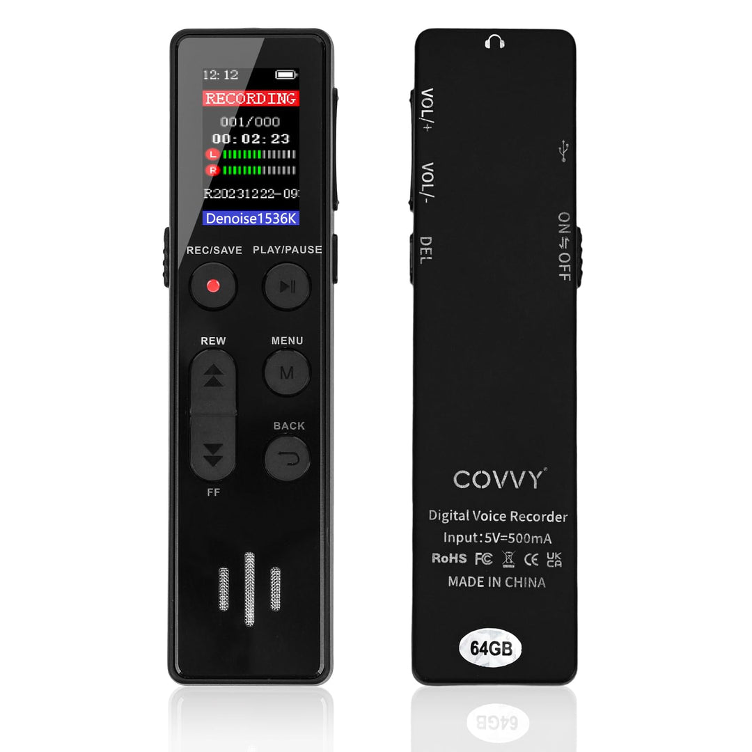 64 GB digitales Diktiergerät, COVVY Sprachaktivierter Rekorder, tragbarer Sound-Recorder mit Wiederg