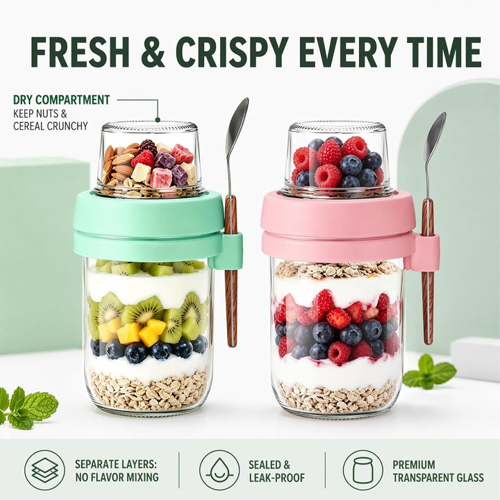 Müslibecher to Go mit Löffel,Joghurtbecher mit Toppingbehälter 480ml + 120ml,Overnight Oats Glas, Au