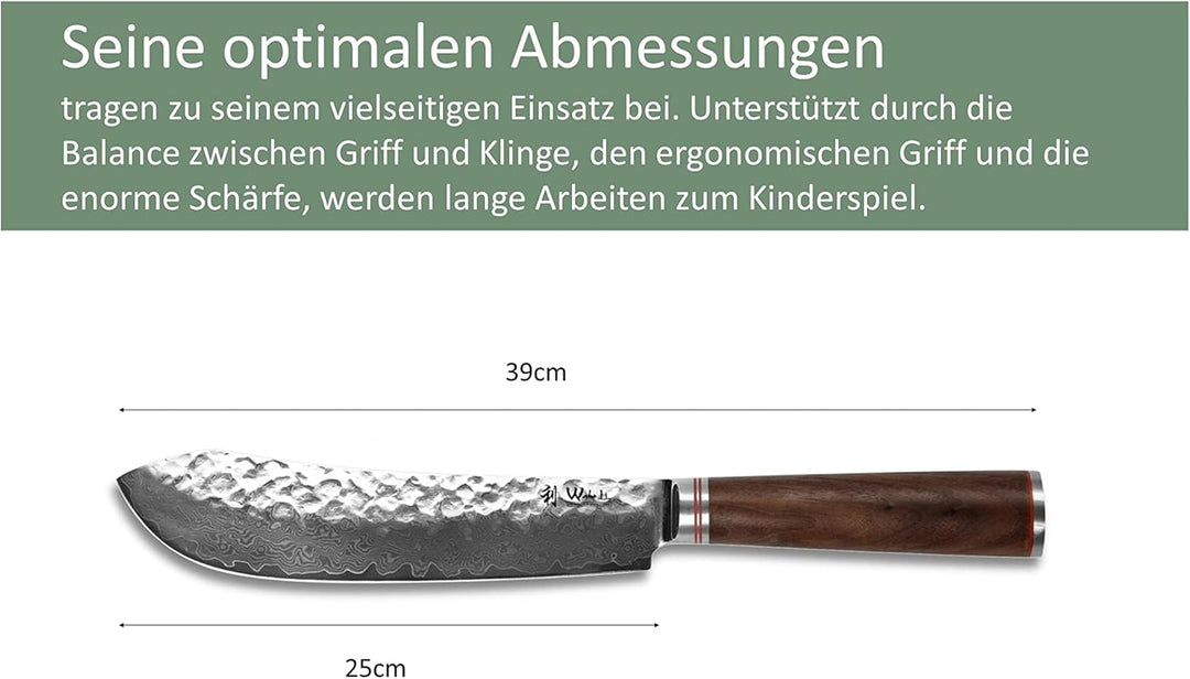 Wakoli Nussbaum Damastmesser Blockmesser mittel extrem scharfe 25 cm Klinge aus 67 Lagen I Damast Kü