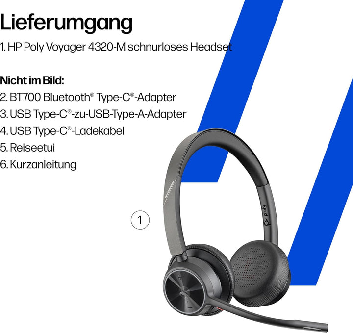Poly Voyager 4320 UC schnurloses Headset, Stereo-Kopfhörer mit Noise Cancelling-Mikrofonarm, Verbind