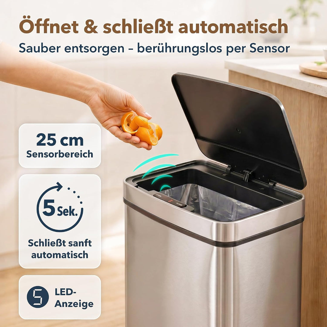 ledscom.de SORTA Sensor Mülleimer 72L, 3-Fächer Mülltrennsystem | Edelstahl, 3 Kammern: 47 L + 2×12,