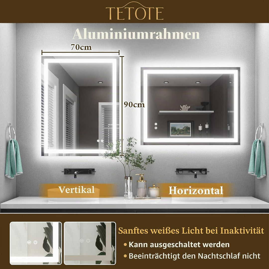 TETOTE Badspiegel mit Beleuchtung 70x90cm, Badezimmerspiegel Beleuchtet Beschlagfrei Badezimmer Wand