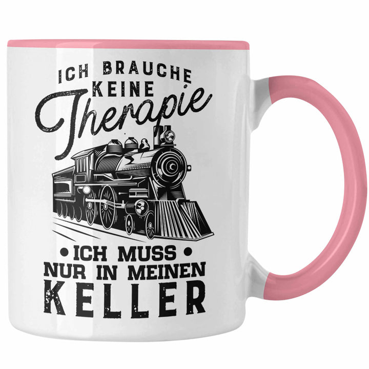 Trendation - Modelleisenbahn Tasse Geschenk für Eisenbahner Spruch Ich Muss In Meinen Keller (Rosa),