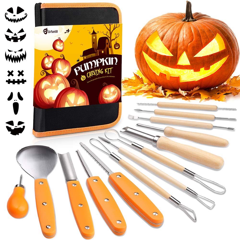 D-FantiX Halloween Kürbis Schnitzset, 13 Stück Professionelles Edelstahl DIY Kürbis Schnitzwerkzeug