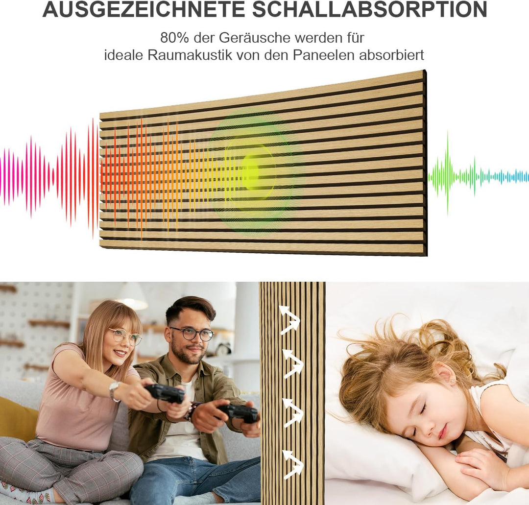 Akustikpaneele Holz 1,44㎡ - 2er Set 120x60cm Natürliche Eiche Wandpaneele, 3D Wandverkleidung für Wo
