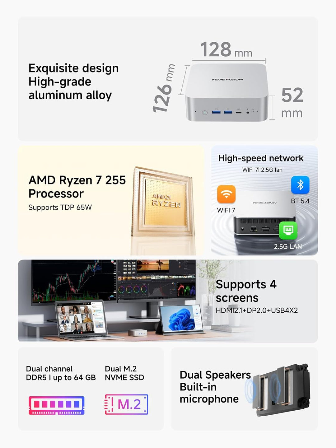 MINIS FORUM AI X1-255 Mini-PC, AMD Ryzen 7 255 (8C / 16T, bis zu 4,9 GHz), HDMI/DP / USB4 (4K @ 120