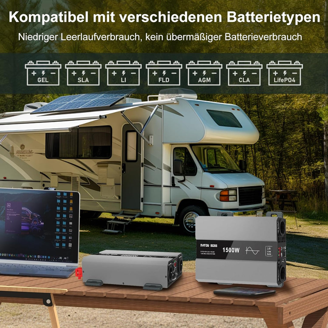 DATOUBOSS Wechselrichter 12v auf 230v Reiner Sinus 1500w/3000w, Spannungswandler 12v 230v 1500w Rein