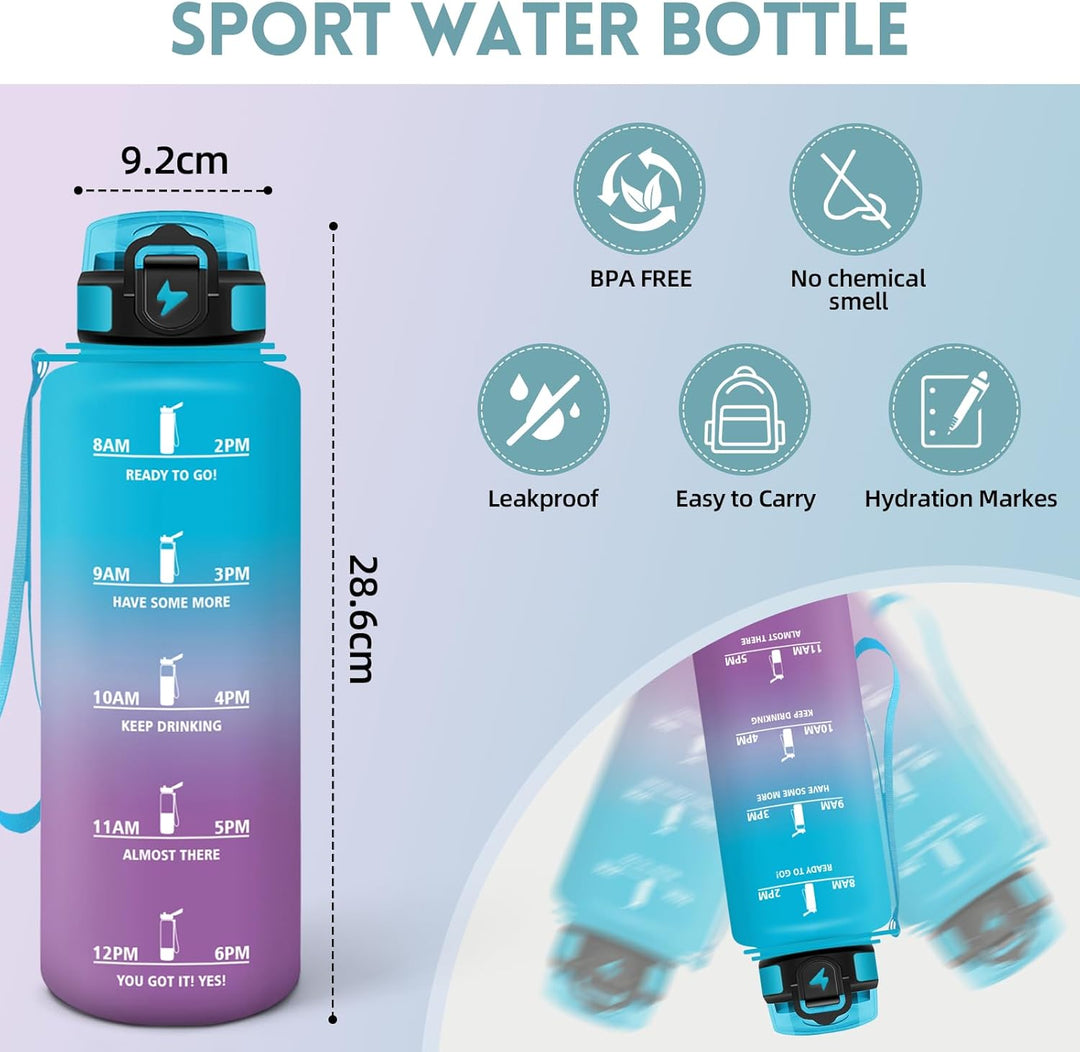Trinkflasche, 1500ml Auslaufsicher mit Zeitmarkierung, Wasserflasche, Motivierende & mit Filter, Tri