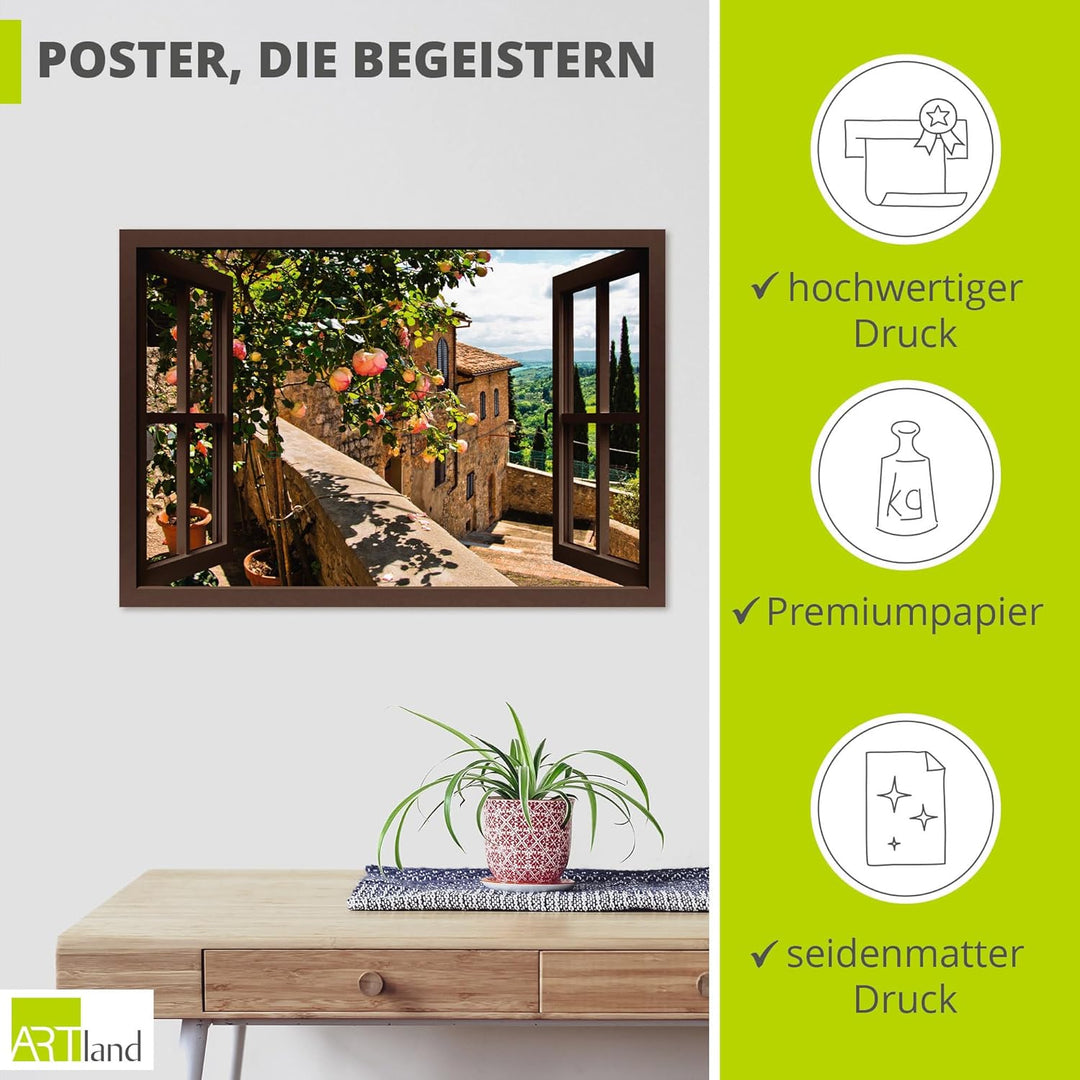 ARTland Poster Kunstdruck Wandposter Bild ohne Rahmen 100x70 cm Fensterblick Fenster Toskana Landsch