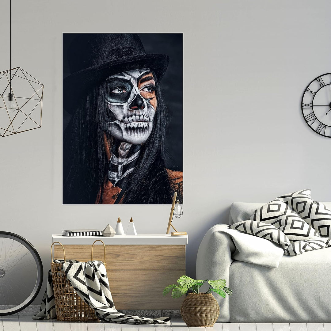 wandmotiv24 Poster als Wanddeko, Grösse Din A1, Model mit Totenkopf Makeup, Schminke, Hut, Frau, Mod