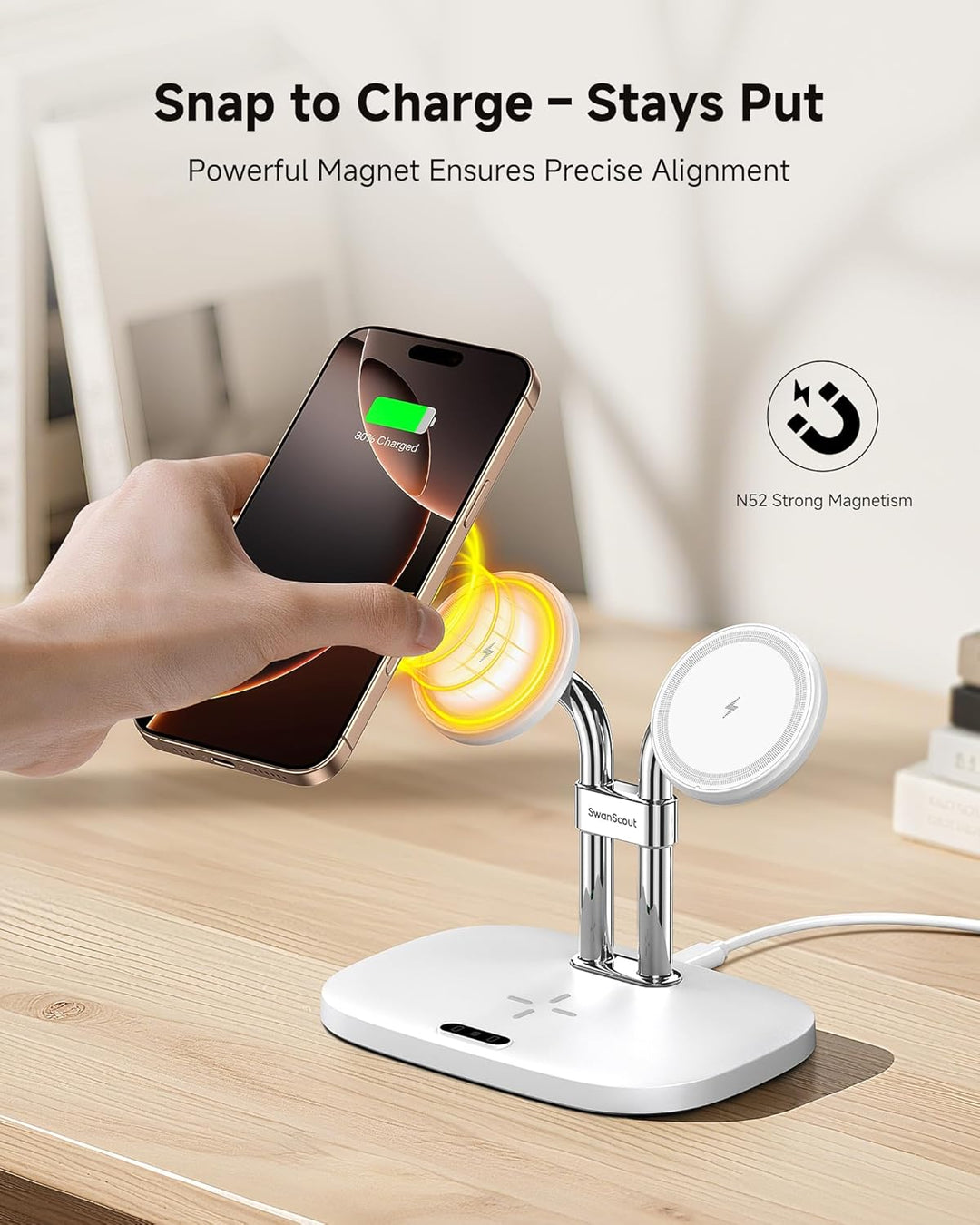 SwanScout Induktive Ladestation für iPhone 17/Air, SwanScout 706M, Mag-Safe Doppel Ladestation Kompa