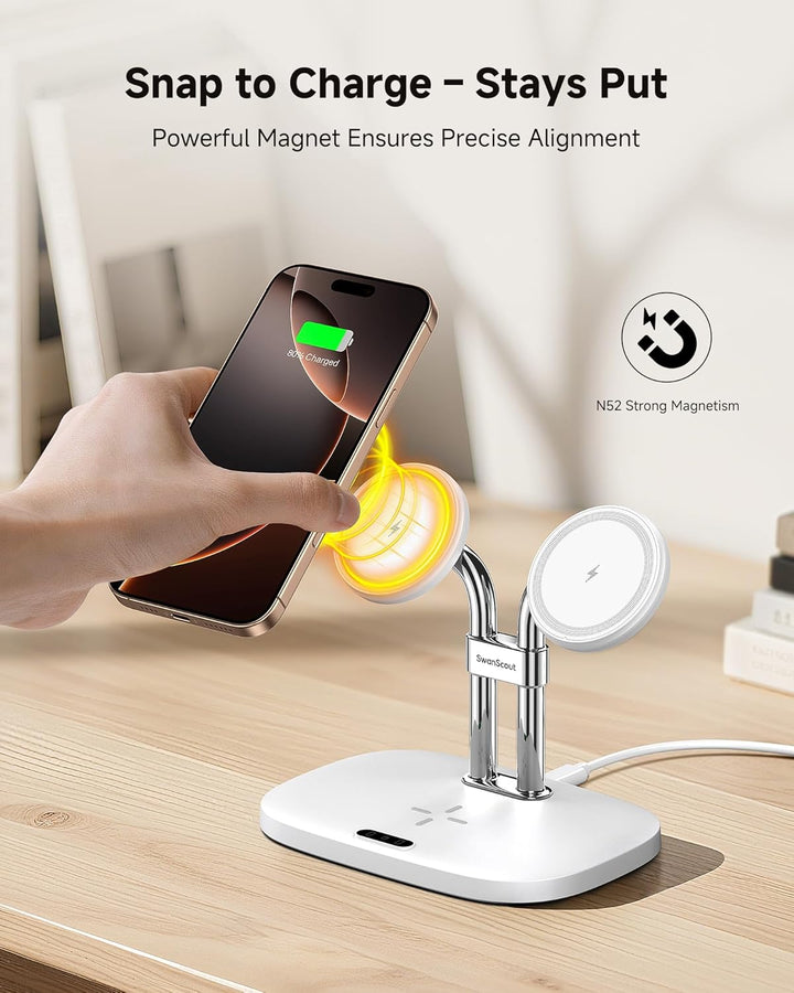 SwanScout Induktive Ladestation für iPhone 17/Air, SwanScout 706M, Mag-Safe Doppel Ladestation Kompa