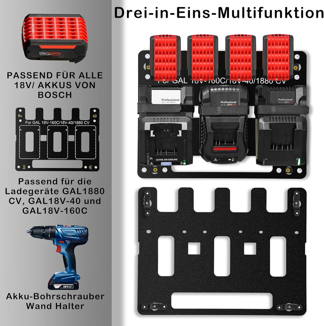 Wandhalterung für Bosch Akkus und Ladegeräte – 3-in-1 Bosch Akku Halterung (für 4 Akkus + 3 Ladegerä