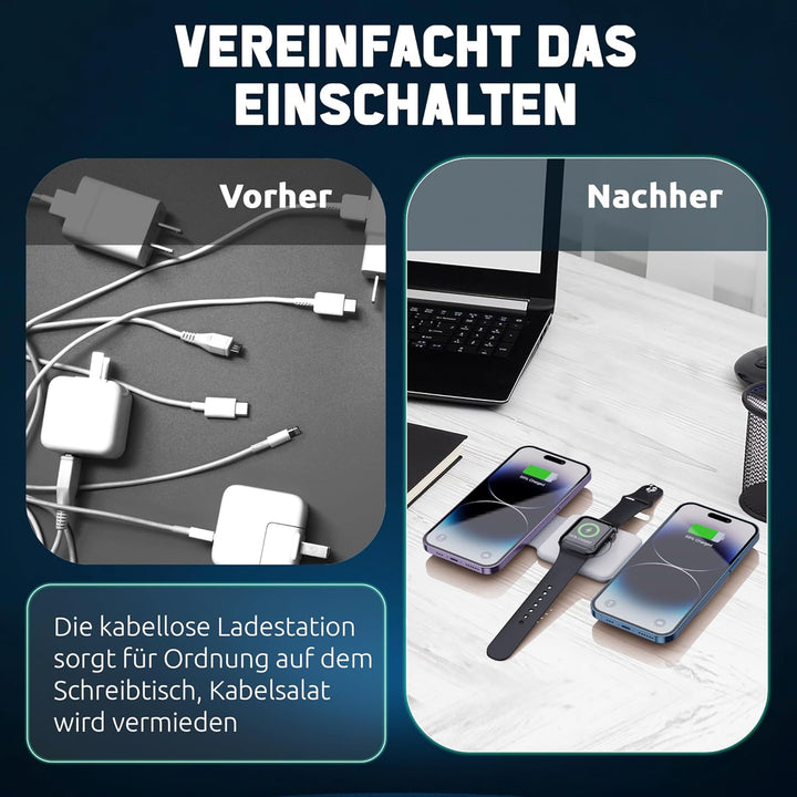 Mag-Safe Ladestation ANFIL® - Faltbare Kabelloses Apple Ladegerät 3-in-1, 15W - Folding Wireless Cha