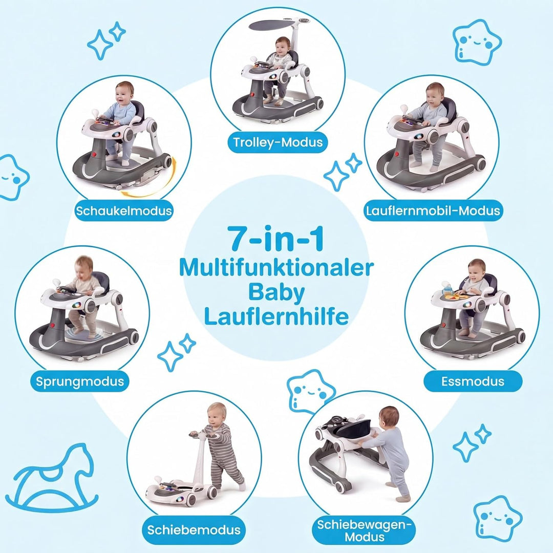 COSTWAY 7 in 1 Lauflernhilfe mit Verdeck, Lauflerwagen mit einstellbarer Höhe & Geschwindigkeit, Bab