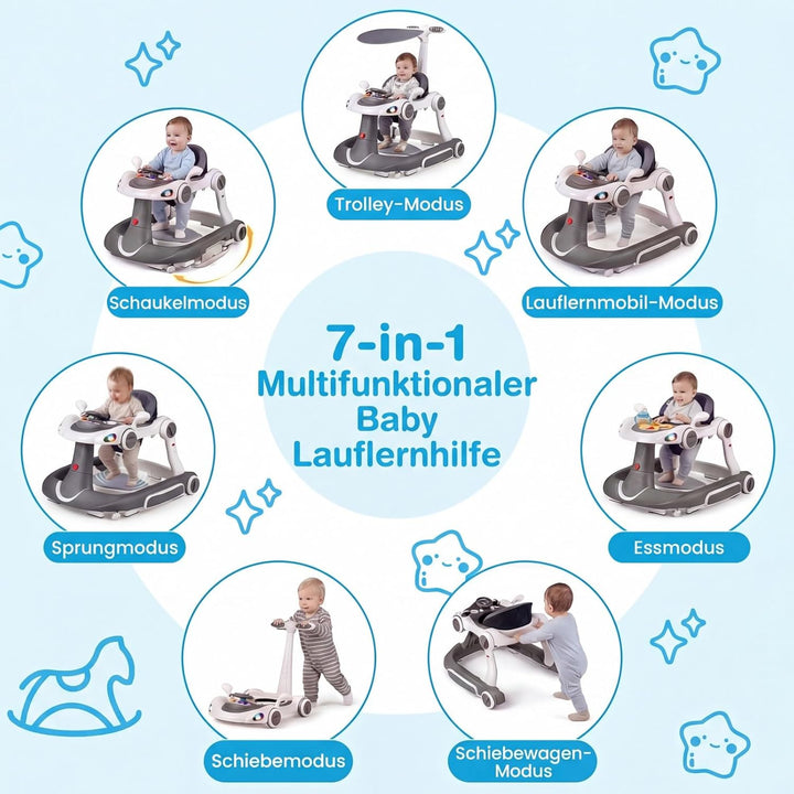 COSTWAY 7 in 1 Lauflernhilfe mit Verdeck, Lauflerwagen mit einstellbarer Höhe & Geschwindigkeit, Bab