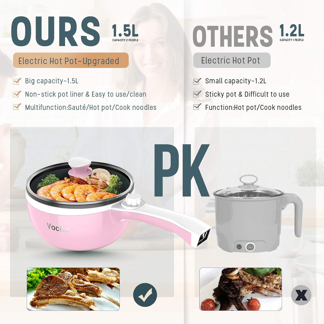 Vocha Elektrische Pfannen, Hot Pot, Antihaft-Bratpfanne Elektropfanne mit Glasdeckel, 1,5 l Mini-tra