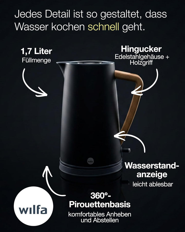 Wilfa SPRING Wasserkocher - mit einem Fassungsvermögen von 1,7 Liter, 2000 Watt, aussenliegende Wass