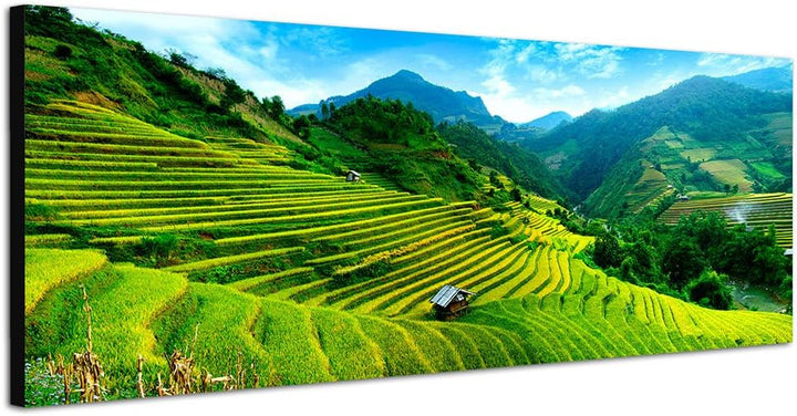 Paul Sinus Art Panoramabild auf Leinwand und Keilrahmen 150x50cm Vietnam Reisfelder Terrassen Berge