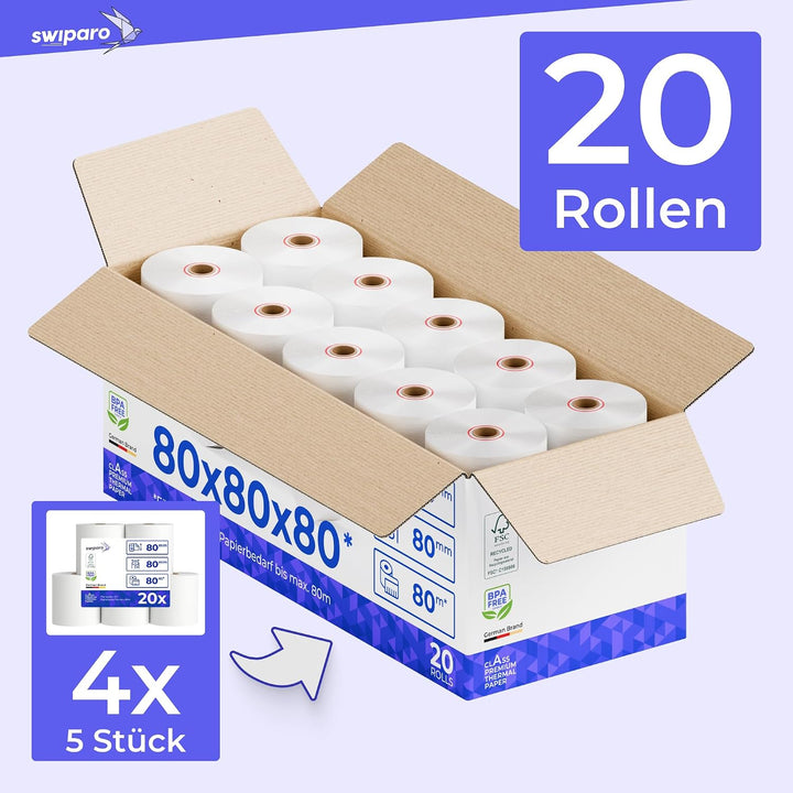 SWIPARO - Thermorollen 80mm x 80m x 12mm - Kassenrollen - Bonrollen zertifiziert für Registrierkasse