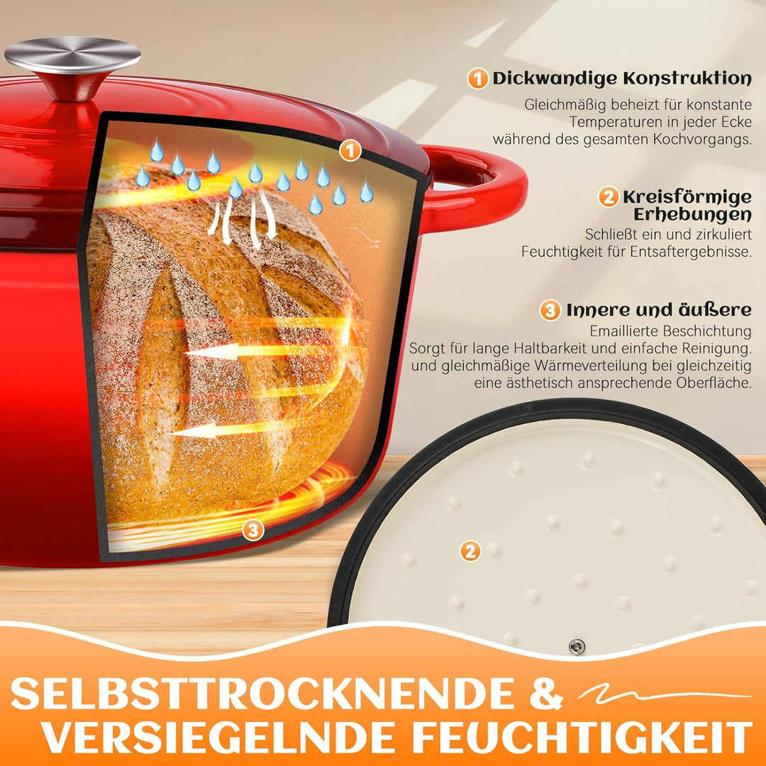 NZQXJXZ Gusseisen Topf Brot Backen, 26cm Emaille Schmortopf mit Deckel Brotbackform mit Banneton Bro