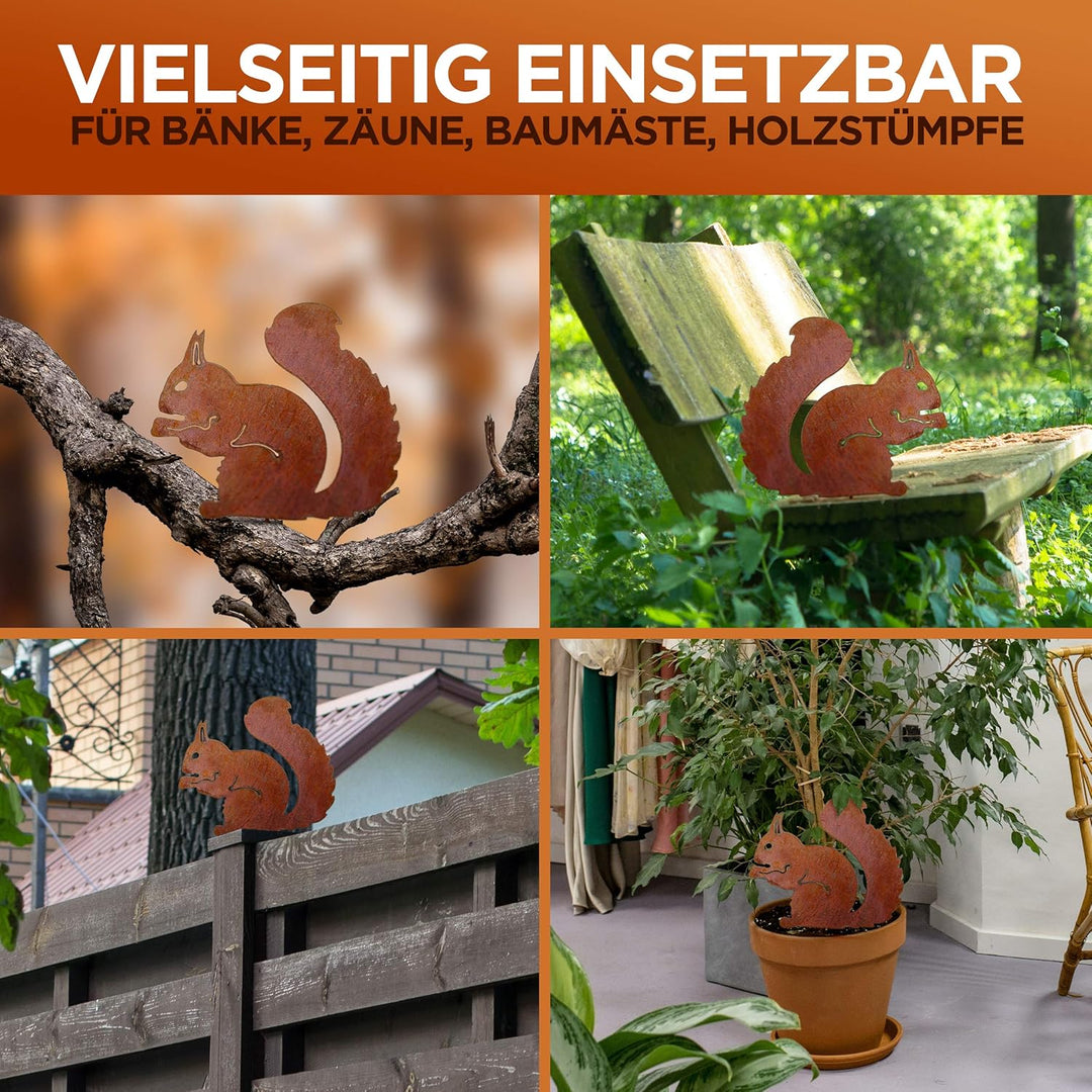 GK Rostiges Eichhörnchen, sitzender Baumstecker, Patina-Dekoration, Höhe 25 cm x Breite 21 cm, Metal