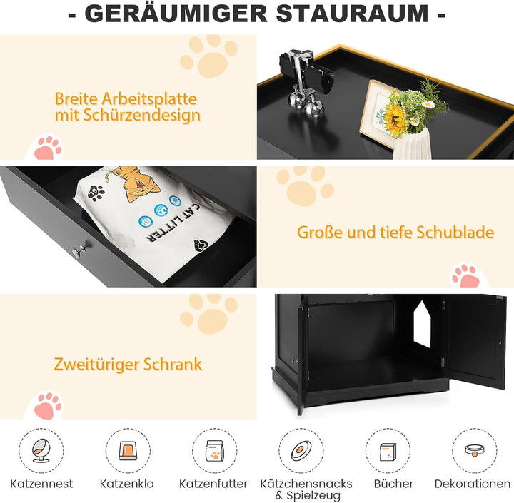 COSTWAY Katzenschrank mit Schublade & Tür & Eingang, 3-in-1 Katzenhaus Katzentoilette Beistelltisch,