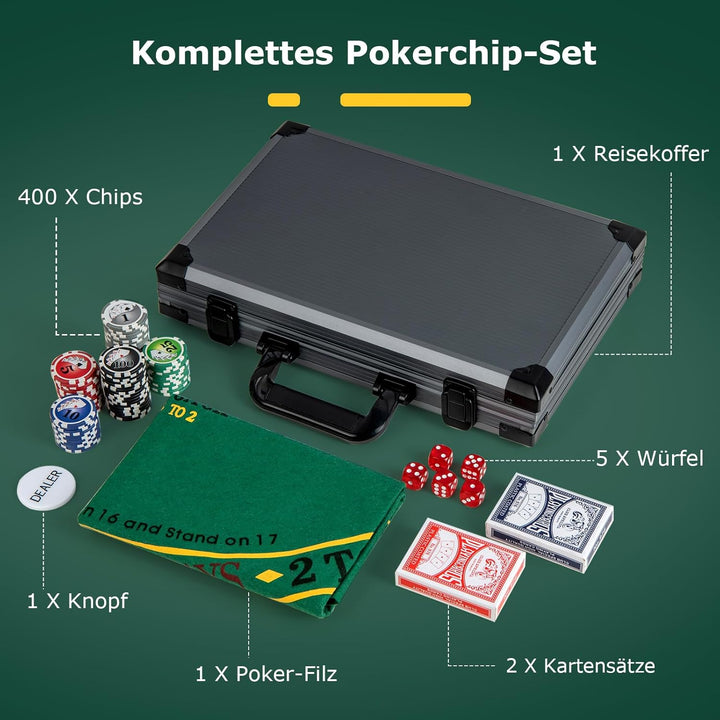 DREAMADE Pokerkoffer mit 400 Pokerchips & Spielmatte & Dealer-Button & 2 Kartendecks & 5 Würfel, Kom