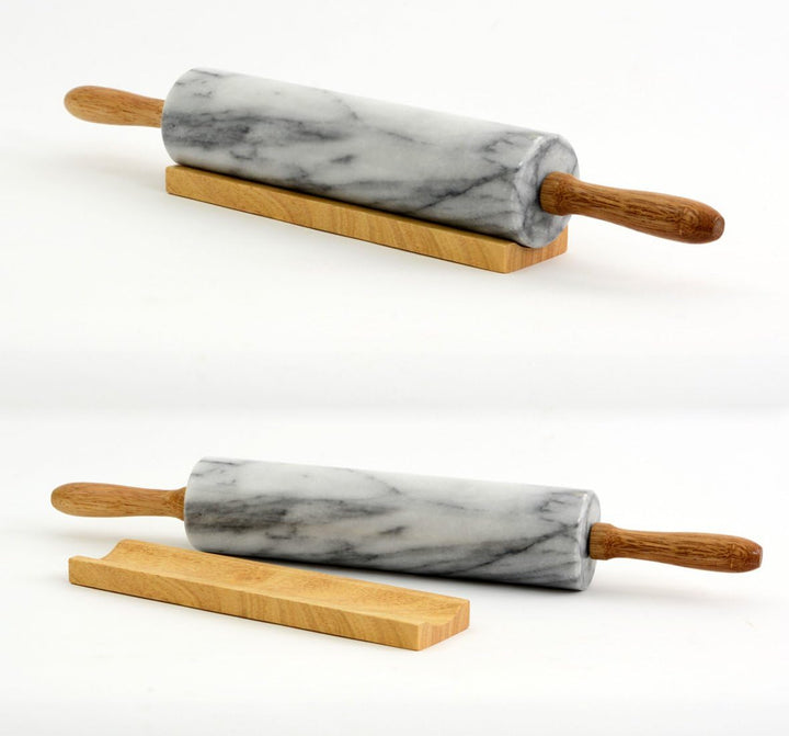 Cbam Teigroller aus weissem Marmor, mit Holzbasis, Horwood Rolling Pin & Stand