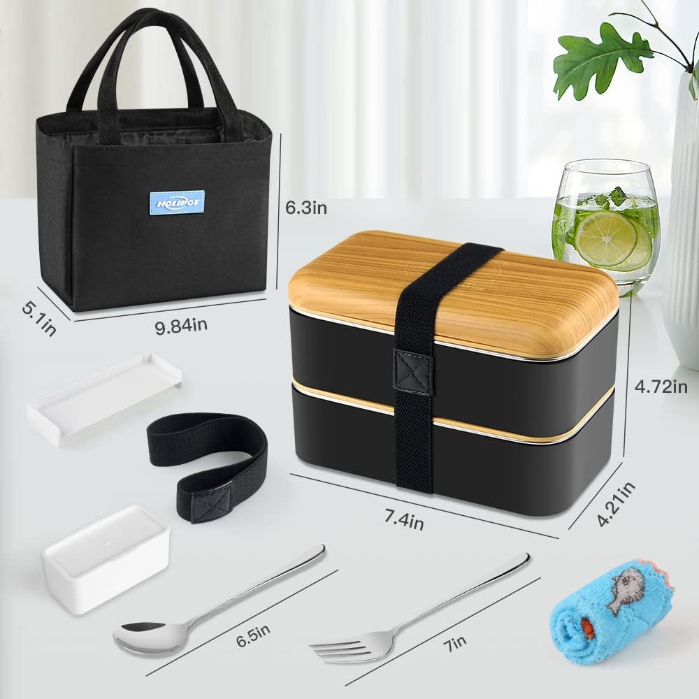 Bento Box Schwarz, Lunchbox Brotdose mit Fächern 2 Ebenen mit 2 Stück Umweltfreundlichen PP & Edelst