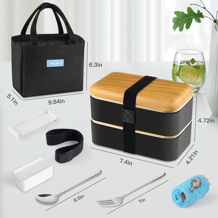 Bento Box Schwarz, Lunchbox Brotdose mit Fächern 2 Ebenen mit 2 Stück Umweltfreundlichen PP & Edelst