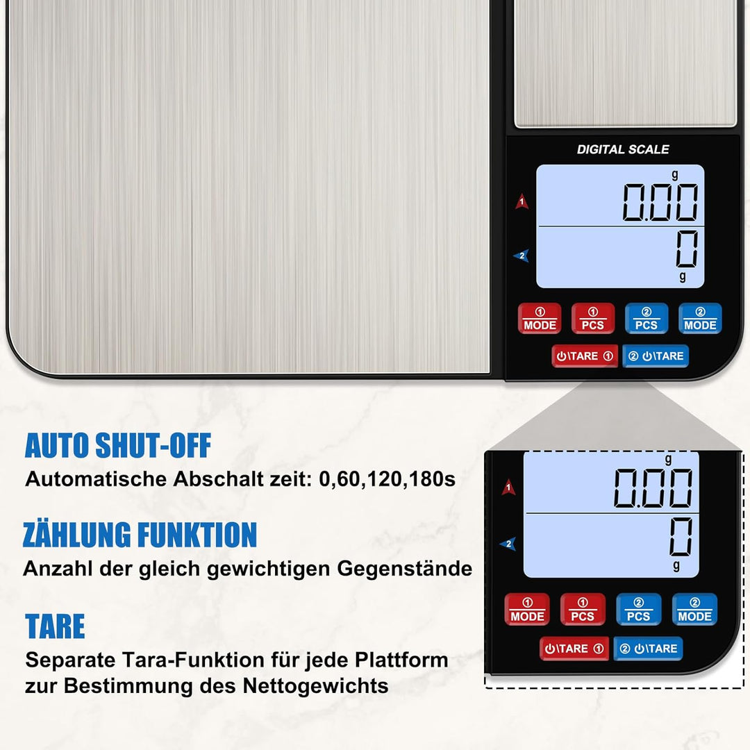 Diyife Küchenwaage mit 2 Plattformen 10kg/1g & 500g/0.01g, Doppelfunktion Digitale Küchen Feinwaage