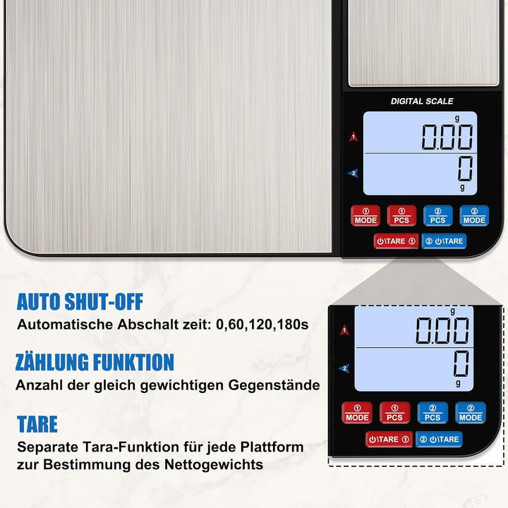 Diyife Küchenwaage mit 2 Plattformen 10kg/1g & 500g/0.01g, Doppelfunktion Digitale Küchen Feinwaage
