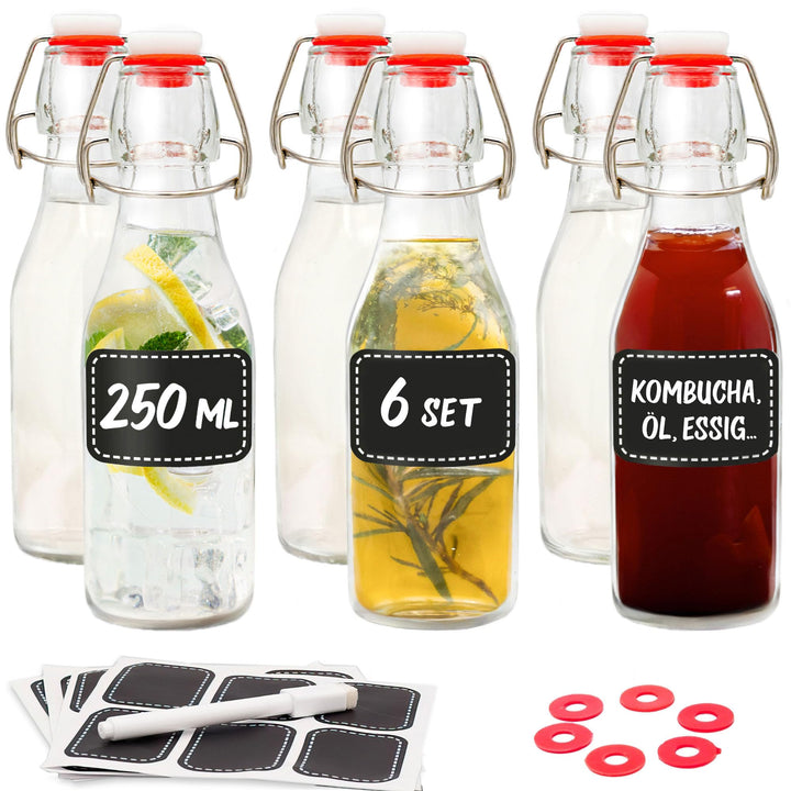 Praknu 6er Set Glasflaschen 250ml mit Bügelverschluss - Bügelflaschen Zum Befüllen - inkl. 6 Extra D